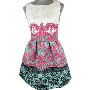 Oasap Sleeveless Dress White Pink Teal Sz Small Floral Damask Ornamental Print